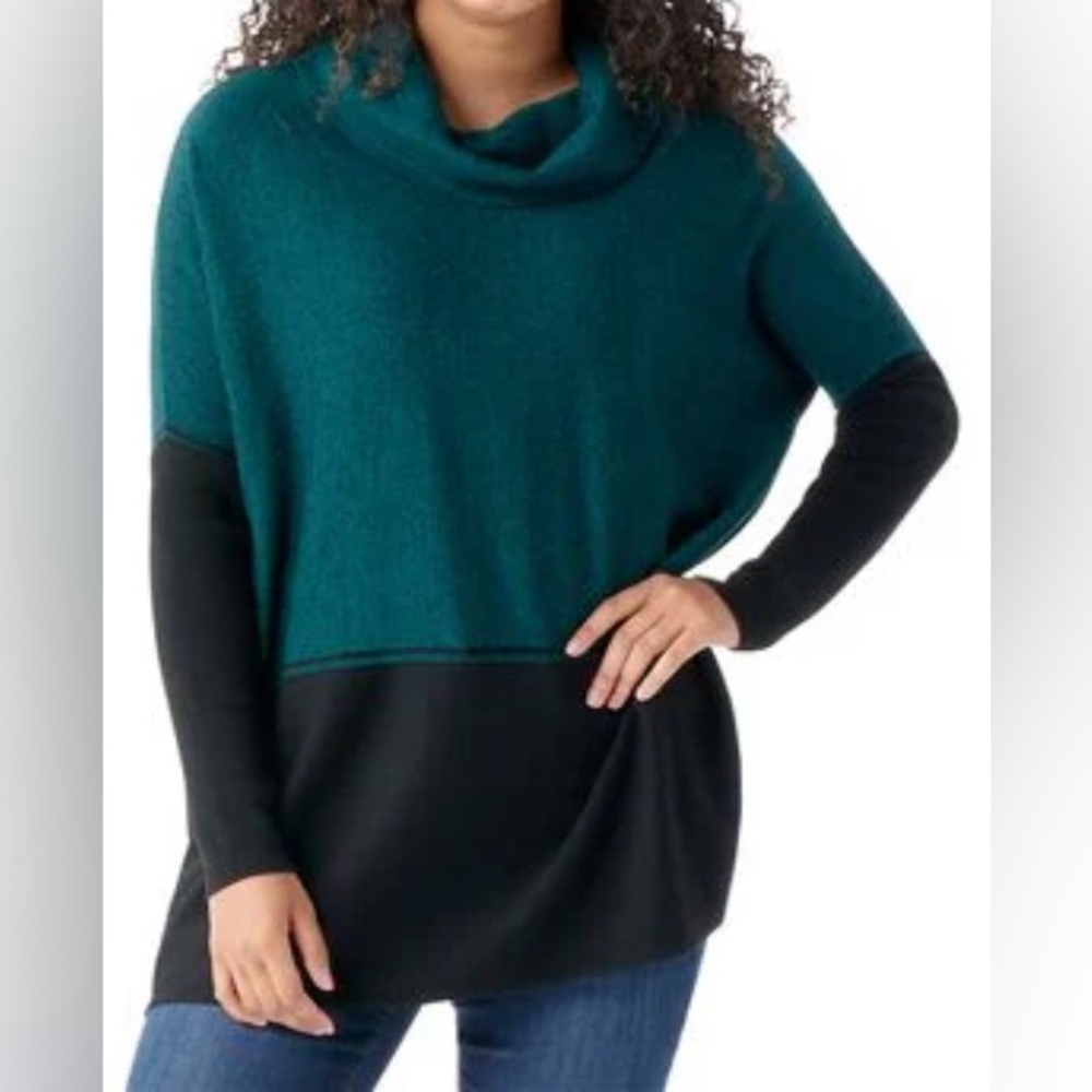 Smartwool Teal and Black Colorblock Cowl Neck Poncho Sweater